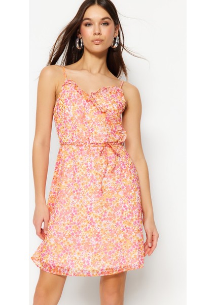 Shopeonly pembe A Kesim Mini Dokuma Astarlı Fırfırlı Çiçekli Elbise fiyatları