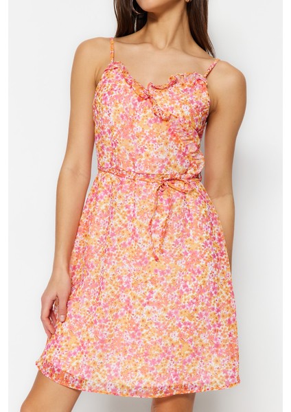 Shopeonly pembe A Kesim Mini Dokuma Astarlı Fırfırlı Çiçekli Elbise indirimleri