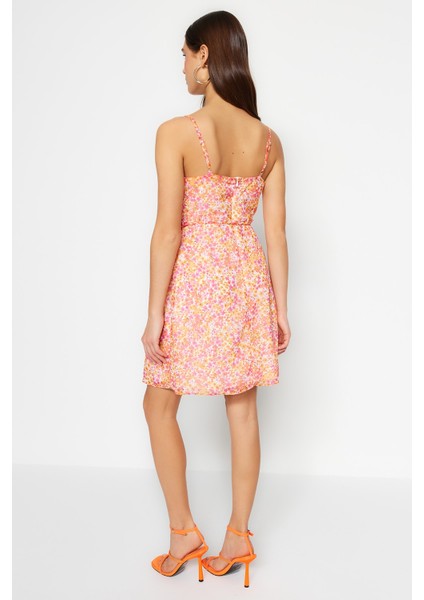 Shopeonly pembe A Kesim Mini Dokuma Astarlı Fırfırlı Çiçekli Elbise