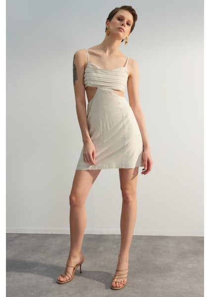 Shopeonly ekru Mini Dokuma Nervür ve Pencere Detaylı Elbise fiyatları