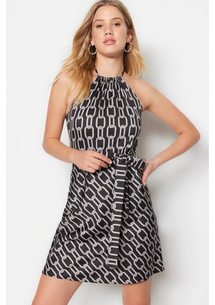 Shopeonly siyah Kuşaklı A Kesim Mini Dokuma Çiçekli Elbise