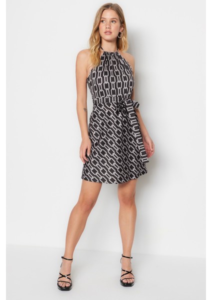 Shopeonly siyah Kuşaklı A Kesim Mini Dokuma Çiçekli Elbise fiyatları