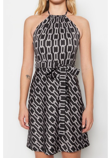 Shopeonly siyah Kuşaklı A Kesim Mini Dokuma Çiçekli Elbise fırsatları