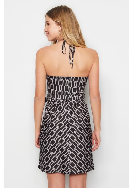 Shopeonly siyah Kuşaklı A Kesim Mini Dokuma Çiçekli Elbise