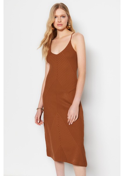 Shopeonly kahverengi Midi Triko Elbise