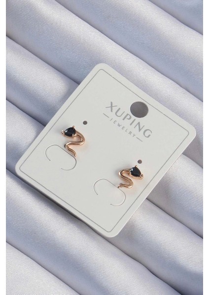 Xuping Rose Renk Siyah Zirkon Taşlı Kıvrımlı Küpe