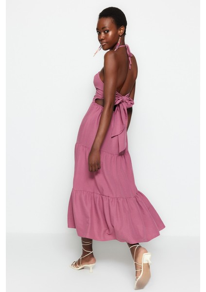 Shopeonly Mor Dokuma Sırt Detaylı Volanlı Maxi Elbise