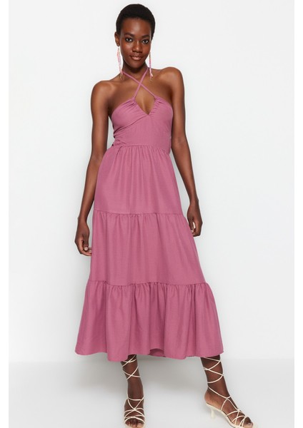 Shopeonly Mor Dokuma Sırt Detaylı Volanlı Maxi Elbise fiyatları