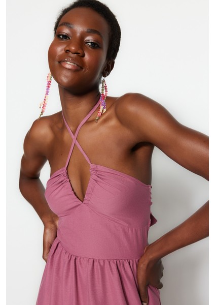 Shopeonly Mor Dokuma Sırt Detaylı Volanlı Maxi Elbise modelleri