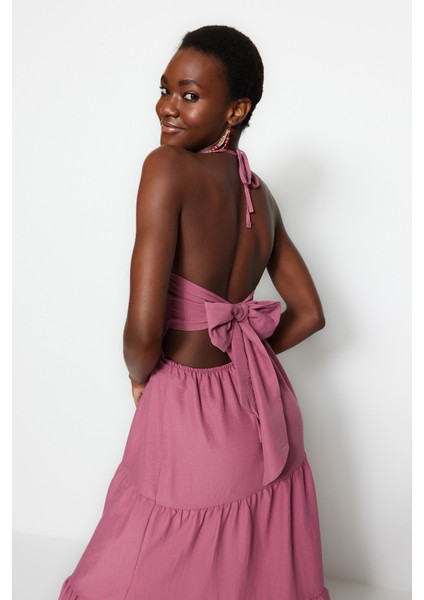 Shopeonly Mor Dokuma Sırt Detaylı Volanlı Maxi Elbise fırsatları