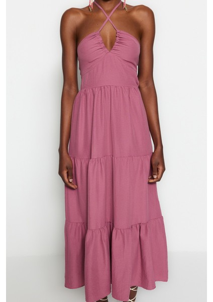Shopeonly Mor Dokuma Sırt Detaylı Volanlı Maxi Elbise indirimleri