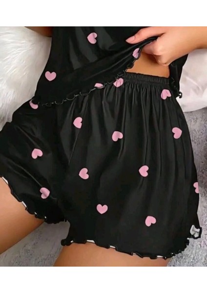 Likralı Şortlu Pembe Kalpli Siyah Pijama Takımı fiyatları