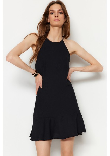 Shopeonly siyah Düz Kesim Mini Dokuma Eteği Volanlı Elbise