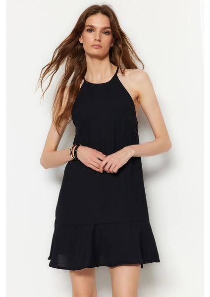 Shopeonly siyah Düz Kesim Mini Dokuma Eteği Volanlı Elbise fiyatları