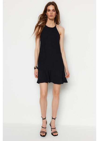 Shopeonly siyah Düz Kesim Mini Dokuma Eteği Volanlı Elbise modelleri