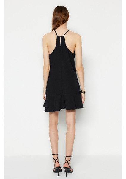 Shopeonly siyah Düz Kesim Mini Dokuma Eteği Volanlı Elbise