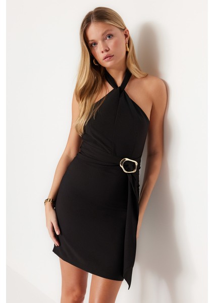 Shopeonly siyah A Kesim Mini Dokuma Astarlı Aksesuar Detaylı Elbise