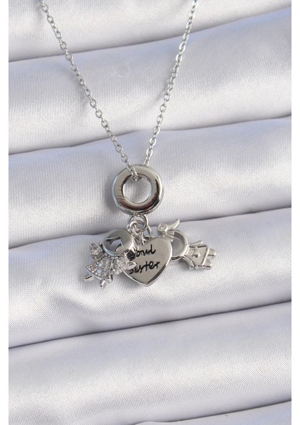 316L Çelik Gümüş Renk Zirkon Taş Detay Çocuk Figür Charm Model Kadın Kolye