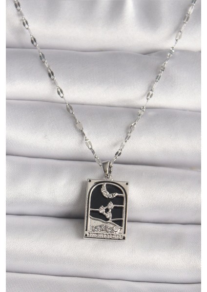 316L Çelik Gümüş Renk Zirkon Taşlı Ay Figürlü Taror Model Kadın Kolye