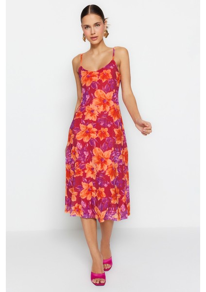 Shopeonly pembe Çiçek Desenli Yırtmaç Detaylı Astarlı Tül Askılı Belden Açılan Midi Elbise