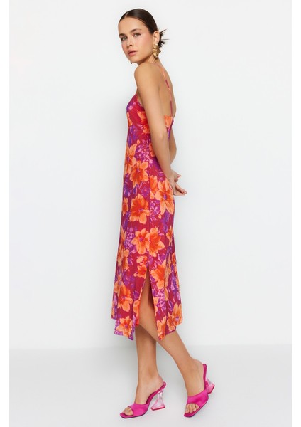 Shopeonly pembe Çiçek Desenli Yırtmaç Detaylı Astarlı Tül Askılı Belden Açılan Midi Elbise fiyatları