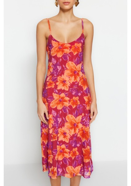 Shopeonly pembe Çiçek Desenli Yırtmaç Detaylı Astarlı Tül Askılı Belden Açılan Midi Elbise fırsatları