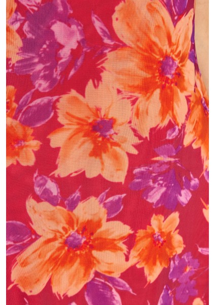 Shopeonly pembe Çiçek Desenli Yırtmaç Detaylı Astarlı Tül Askılı Belden Açılan Midi Elbise indirimleri