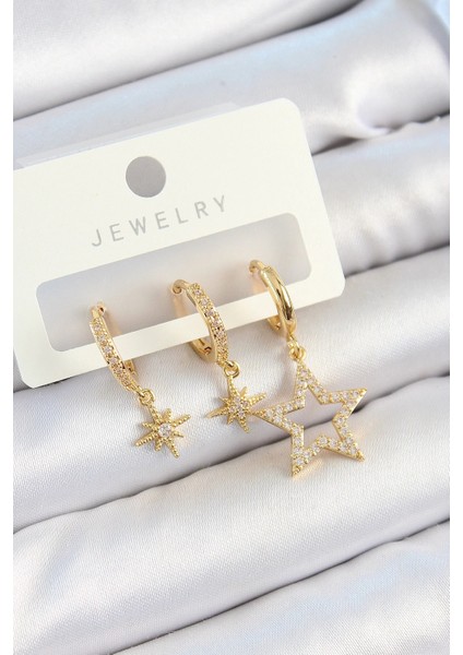 Pirinç Zirkon Taşlı Yıldız Model Gold Renk 3'lü Çift Kadın Küpe Set