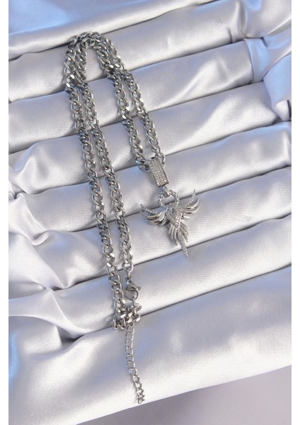 316L Çelik Gümüş Renk Zirkon Taşlı Anka Kuşu Model Kolye modelleri