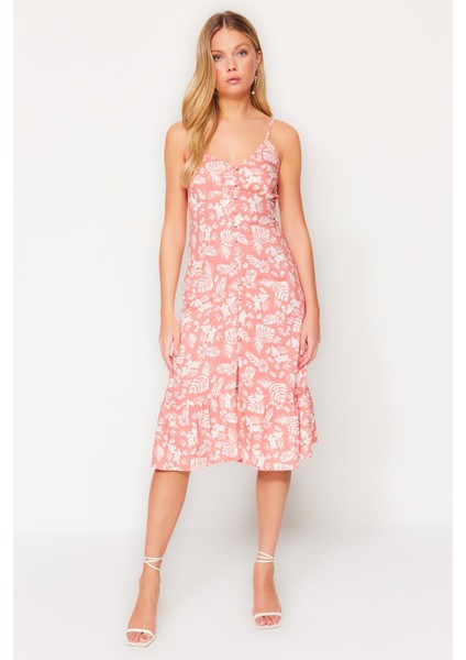 Shopeonly kiremit Midi Dokuma Çiçek Desenli Elbise