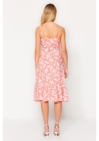 Shopeonly kiremit Midi Dokuma Çiçek Desenli Elbise