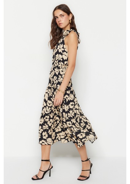 Shopeonly siyah Midi Dokuma Çiçek Desenli Elbise