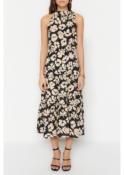 Shopeonly siyah Midi Dokuma Çiçek Desenli Elbise modelleri