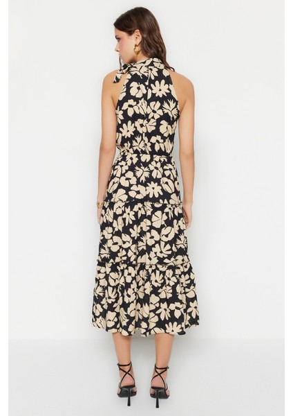 Shopeonly siyah Midi Dokuma Çiçek Desenli Elbise