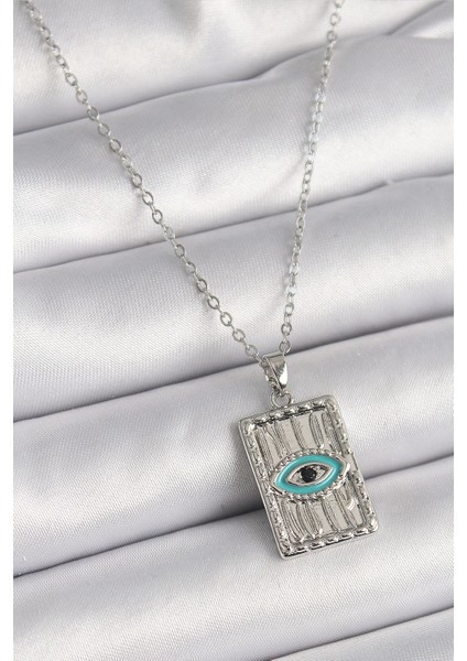 316L Çelik Gümüş Renk Zirkon Taşlı Göz Işleme Detaylı Plaka Model Kadın Kolye