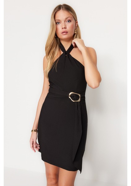 Shopeonly siyah A Kesim Mini Dokuma Astarlı Aksesuar Detaylı Elbise fiyatları