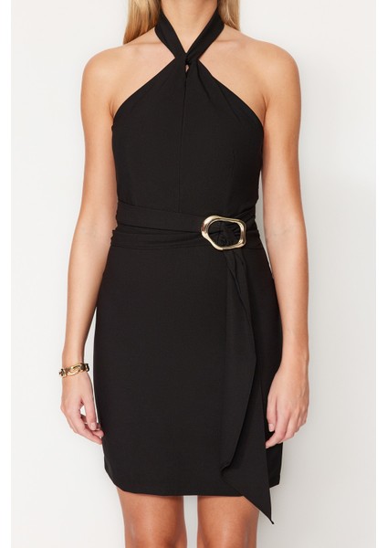 Shopeonly siyah A Kesim Mini Dokuma Astarlı Aksesuar Detaylı Elbise modelleri