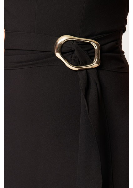 Shopeonly siyah A Kesim Mini Dokuma Astarlı Aksesuar Detaylı Elbise fırsatları