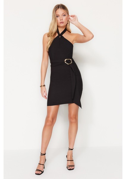 Shopeonly siyah A Kesim Mini Dokuma Astarlı Aksesuar Detaylı Elbise indirimleri