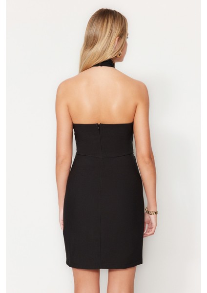 Shopeonly siyah A Kesim Mini Dokuma Astarlı Aksesuar Detaylı Elbise