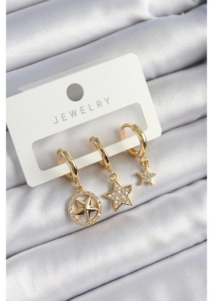 Pirinç Zirkon Taşlı Yıldız Model Gold Renk 3'lü Çift Kadın Küpe Set