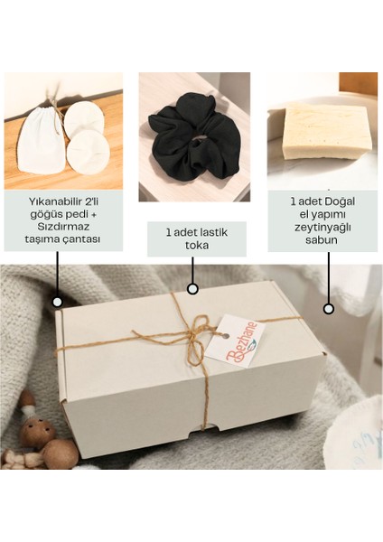 Yeni Anneye Hediye Seti 1 | Zeytinyağlı Sabun-Lastik Toka-Göğüs Pedi-Sızdırmaz Çanta