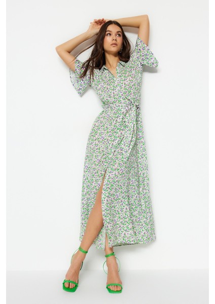 Shopeonly mor Kuşaklı Maksi Dokuma Viskon Çiçekli Gömlek Elbise