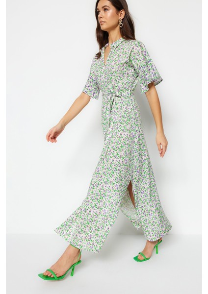 Shopeonly mor Kuşaklı Maksi Dokuma Viskon Çiçekli Gömlek Elbise fiyatları