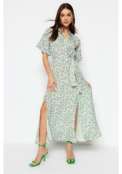 Shopeonly mor Kuşaklı Maksi Dokuma Viskon Çiçekli Gömlek Elbise modelleri