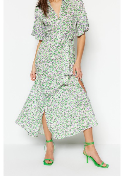 Shopeonly mor Kuşaklı Maksi Dokuma Viskon Çiçekli Gömlek Elbise fırsatları