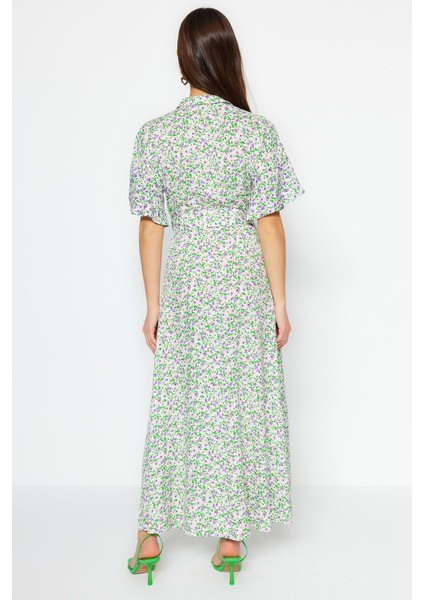 Shopeonly mor Kuşaklı Maksi Dokuma Viskon Çiçekli Gömlek Elbise