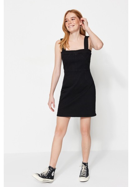 Shopeonly siyah Askılı Mini Denim Elbise modelleri