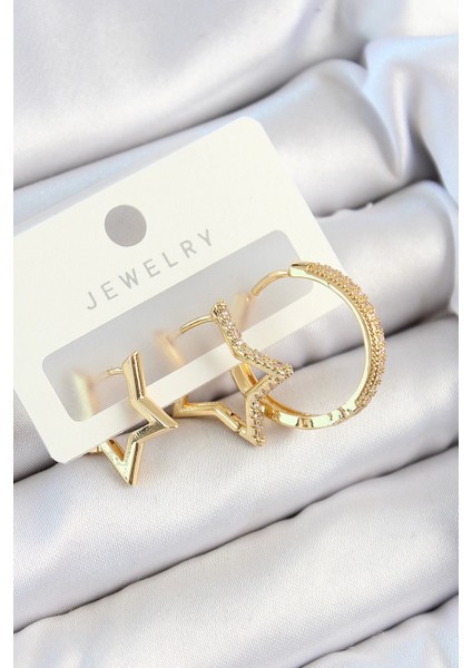 Pirinç Zirkon Taşlı Yıldız ve Halka Model Gold Renk 3'lü Çift Kadın Küpe Set