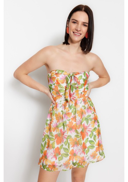 Shopeonly turuncu Mini Dokuma Astarlı Göğüs Bağlama Detaylı Çiçekli Elbise
